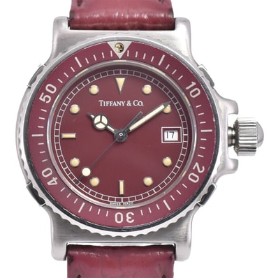 訳あり ティファニー TIFFANY&Co. L0710 ダイバーウォッチ ワインレッド クォーツ レディース 箱付き D#145761
