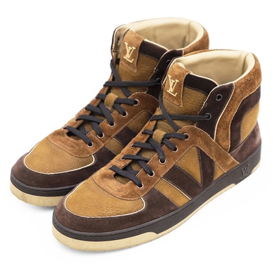 【美品】LOUIS VUITTON ルイ・ヴィトン ハイカットスニーカー サイズ 8 1/2 メンズ トライブライン LV スウェード シューズ 革 靴 ブラウン 茶色