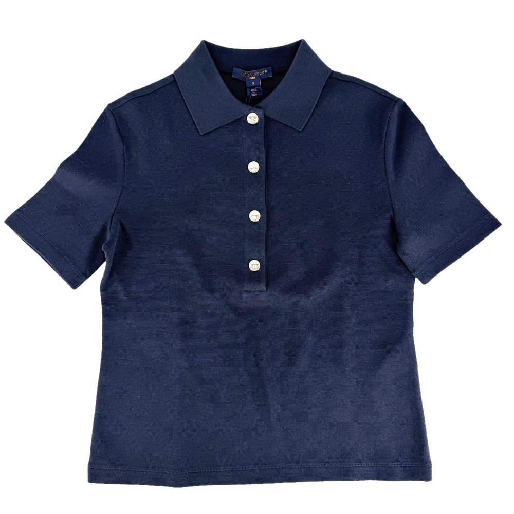 LOUIS VUITTON ルイヴィトン ポロシャツ モノグラムピケ トップス 半袖 アパレル 服 S ネイビー 紺 シルバー金具 コットン レディース 夏 美品【中古品】