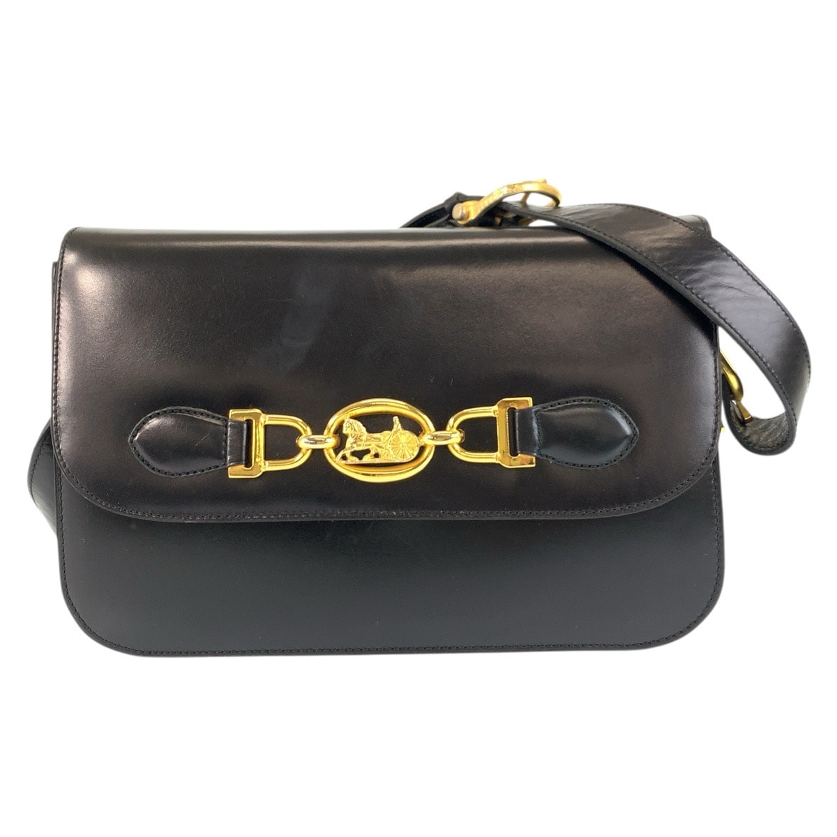 美品 CELINE セリーヌ ヴィンテージ 馬車ロゴ ホースキャリッジ ブラック 黒 ゴールド金具 レザー ショルダーバッグ 601550 【中古】