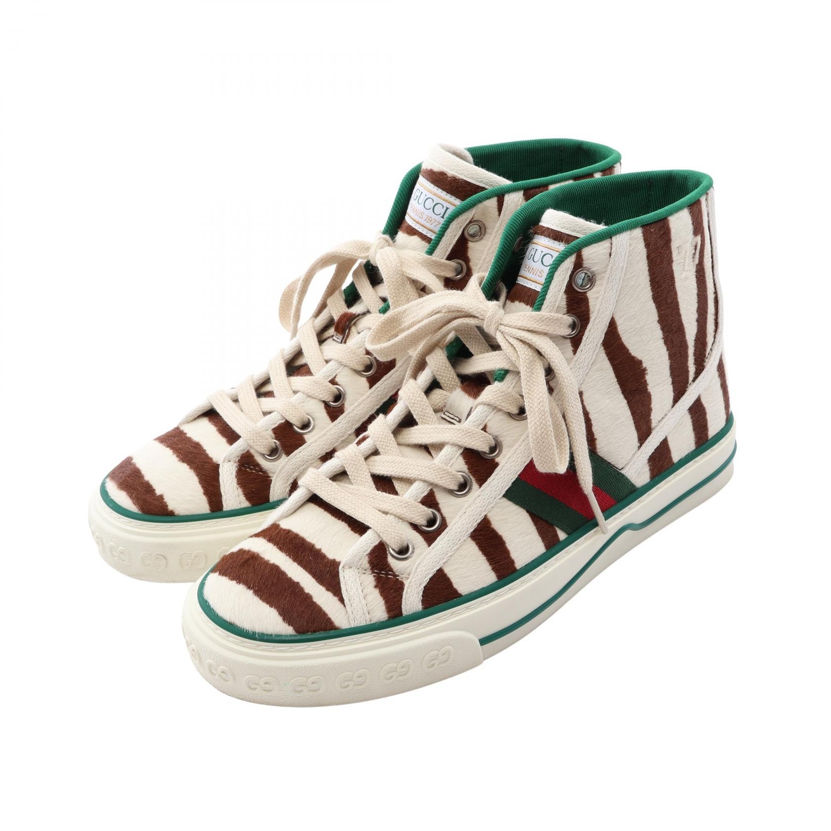 グッチ GUCCI テニス 1977 シェリーライン ゼブラ スニーカー 靴 レザー レディース ホワイト系 / ブラウン系 / マルチカラー 【中古】