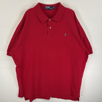 古着 90's/90年代 ポロバイラルフローレン Polo by Ralph Lauren 鹿の子 半袖 ポロシャツ ワンポイント ロゴ 刺繍 オーバーサイズ 2ボタン 14041 レッド 無地 メンズ