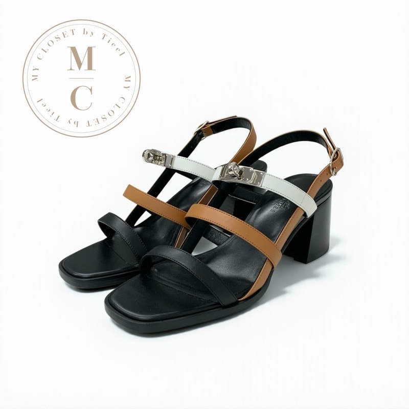 エルメス HERMES イブ サンダル 靴 シューズ レザー ブラウン ブラック ホワイト ケリー金具 ストラップ