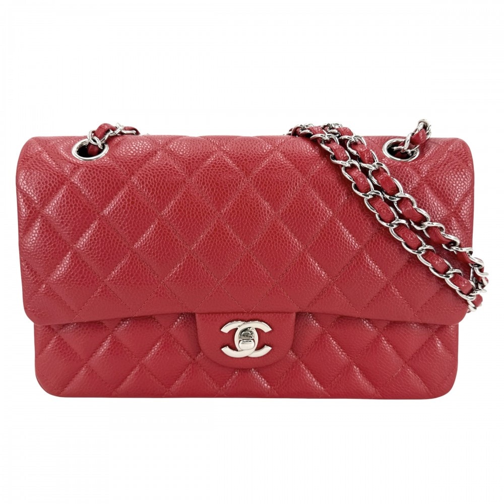 CHANEL シャネル ショルダーバッグ マトラッセ25 ダブルフラップ ダブルチェーン 肩掛け 斜め掛け ココマーク ココ かばん 鞄  キャビアスキン   レッド 赤 シルバー金具 レディース 美品【中古品】