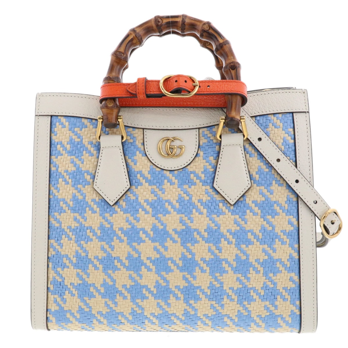 GUCCI グッチ ダイアナ スモール トート ハンドバッグ 702721 レザー ラフィア ホワイト ライトブルー ベージュ レディース【中古】