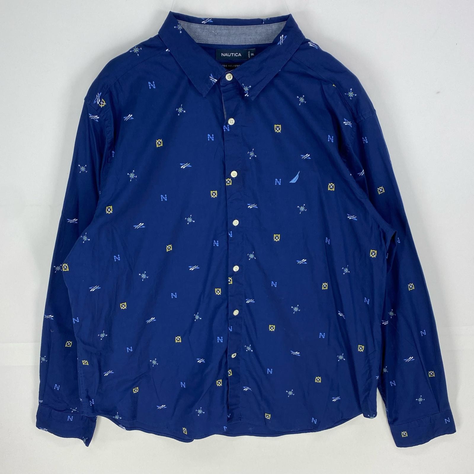 古着 ノーティカ NAUTICA 長袖シャツ ワンポイント ロゴ刺繍 ロングスリーブ 大きいサイズ 2XL ネイビー系 総柄 メンズ
