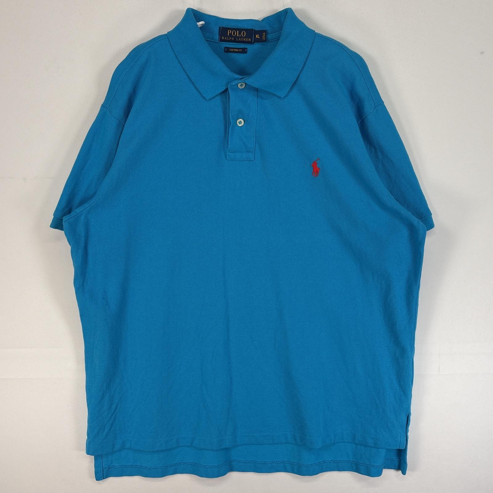 古着 ポロ・ラルフローレン POLO RALPH LAUREN 鹿の子 半袖 ポロシャツ ロゴ 刺繍 2ボタン XL  ブルー系 無地 メンズ