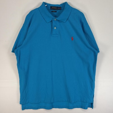 古着 ポロ・ラルフローレン POLO RALPH LAUREN 鹿の子 半袖 ポロシャツ ロゴ 刺繍 2ボタン XL ブルー系 無地 メンズ