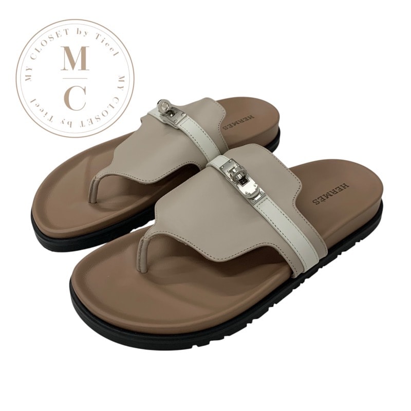 エルメス HERMES アンピール サンダル 靴 シューズ レザー ブラウン ホワイト 未使用 ケリー金具 ミュール フラット トング