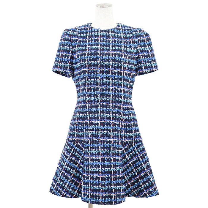 【極美品】LOUIS VUITTON ルイ・ヴィトン ワンピース ツイード 2022AW LV ロゴ フレアシルエット ラウンドネック ショートスリーブ 半袖 シルクブレンド スケータードレス レディース サイズ 38 ブルー マルチカラー 青 イタリア製