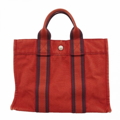 【6fc4077】エルメス トートバッグ フールトゥPM キャンバス レッド シルバー金具【中古】レディース