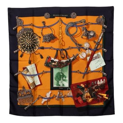 エルメス カレ90 Memoire d’Hermes エルメスの思い出 スカーフ 大判 ネイビー オレンジ系 シルク レディース HERMES 【中古】