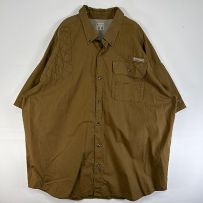 古着 コロンビア Columbia 半袖シャツ PHG ハンティングギア ショルダーパッチ ワンポイント ロゴ XL カーキ系 無地 メンズ