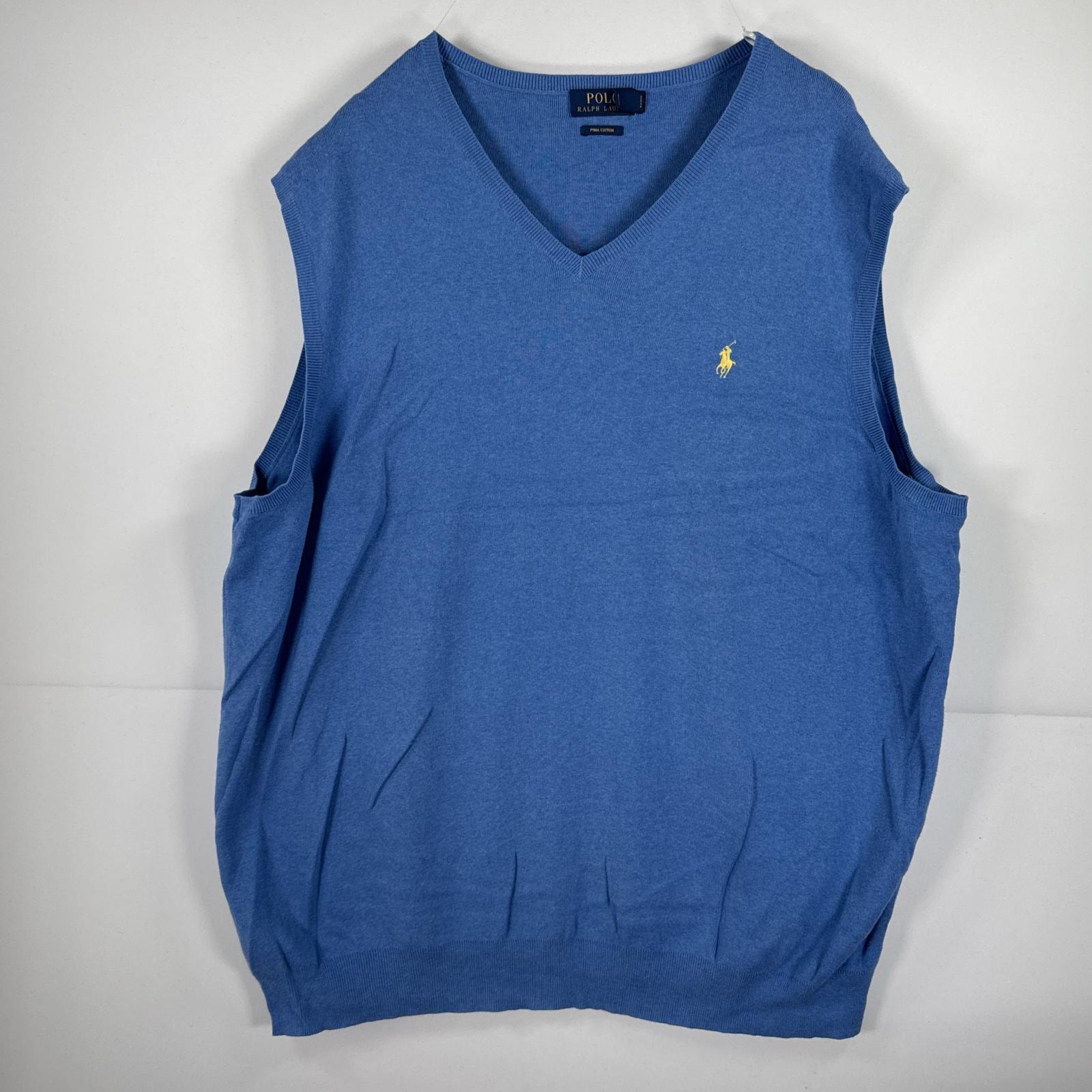 古着 ポロ・ラルフローレン POLO RALPH LAUREN ニットベスト Vネック ワンポイント 刺繍 薄手 大きいサイズ 2XLT  水色 無地 メンズ