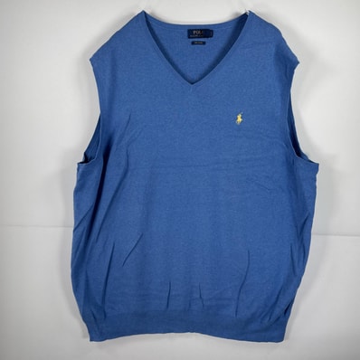 古着 ポロ・ラルフローレン POLO RALPH LAUREN ニットベスト Vネック ワンポイント 刺繍 薄手 大きいサイズ 2XLT 水色 無地 メンズ