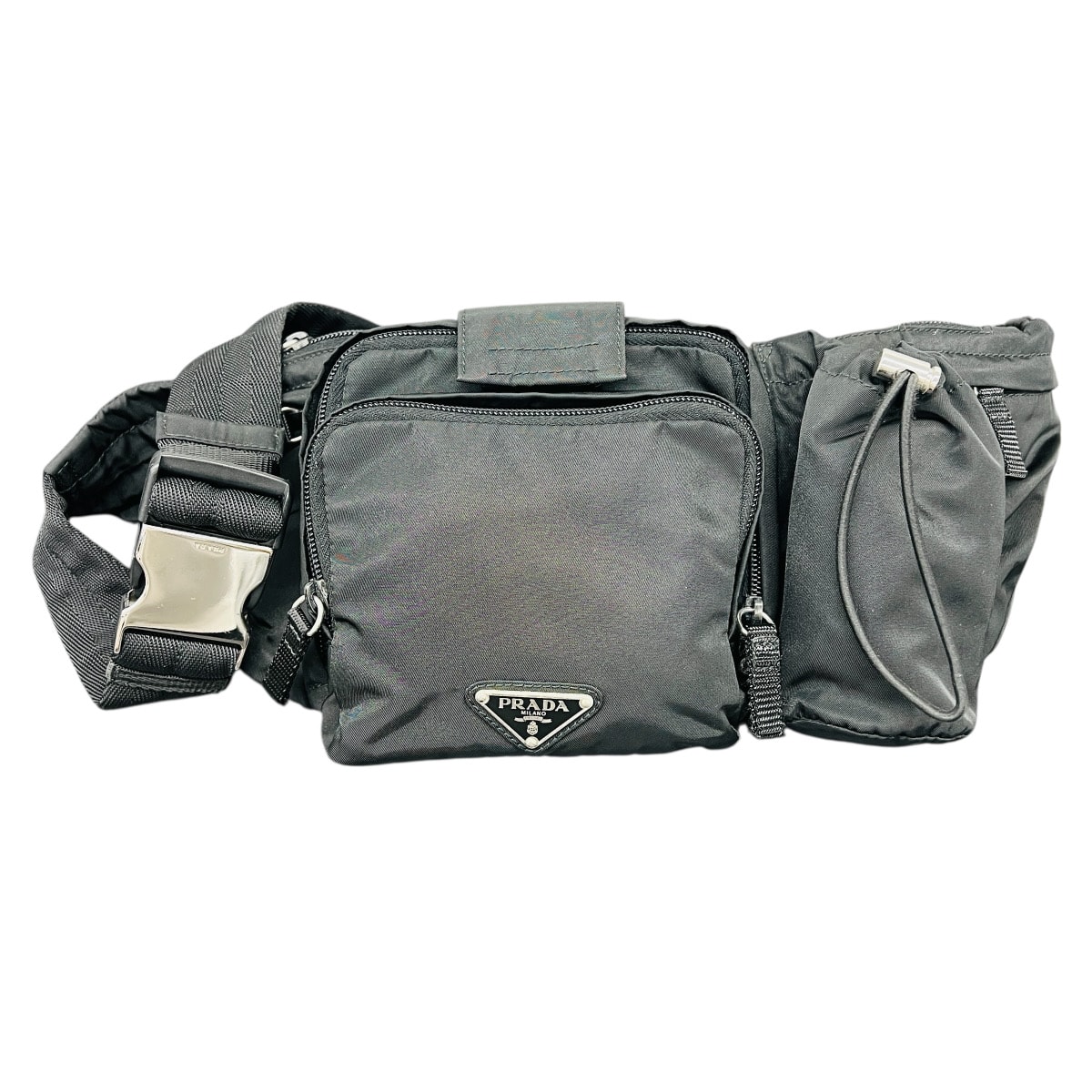 PRADA 美品 プラダ テスートナイロン ボディバッグ マルチポケット VA0056 ナイロン メタル ブラック シルバー金具 ウエストバッグ ヒップバッグ ABランク 鑑定済 プラダバッグ