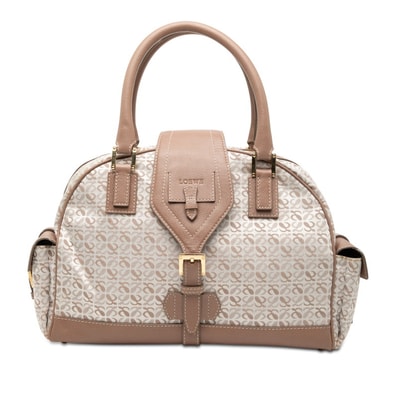 ロエベ リピートアナグラム ハンドバッグ ピンクベージュ ホワイト キャンバス レザー レディース LOEWE 【中古】