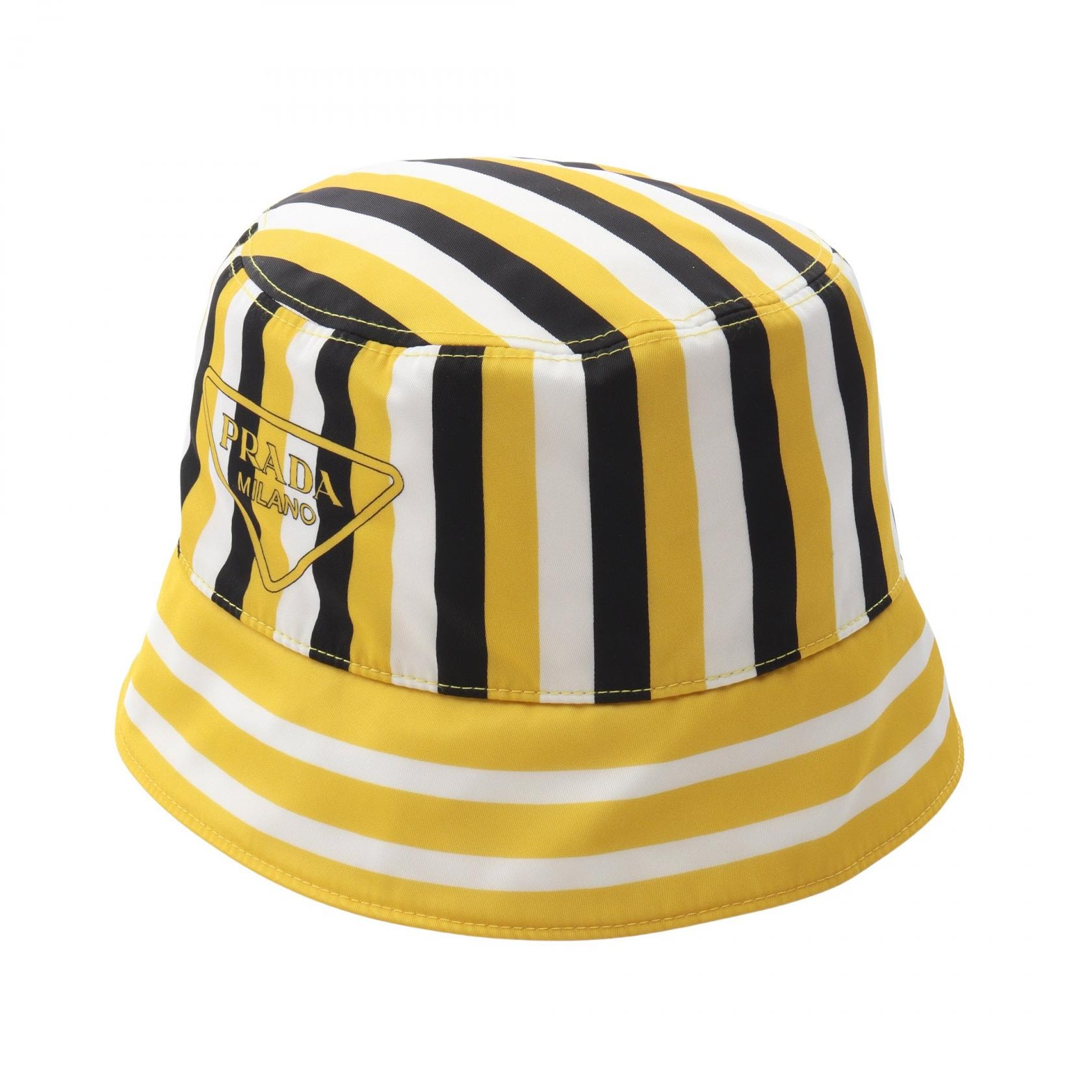 プラダ PRADA Re-Nylon ストライプ バケットハット 帽子 ナイロン レディース イエロー系 / ホワイト系 / ブラック系 【中古】
