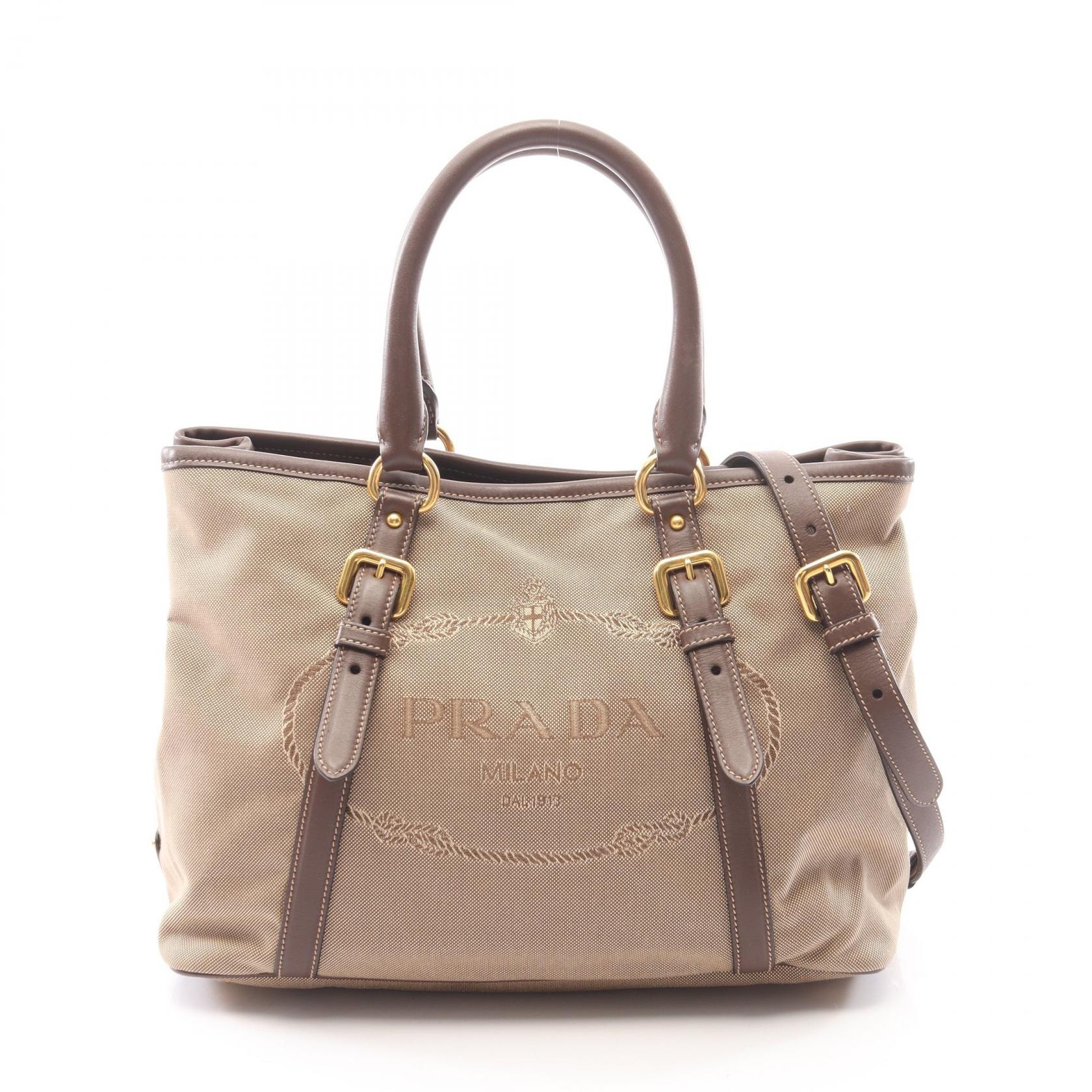 プラダ PRADA LOGO JACQUARD ロゴジャガード 2WAY ハンドバッグ バッグ キャンバス レザー レディース ベージュ系 / ブラウン系 BN2832 【中古】