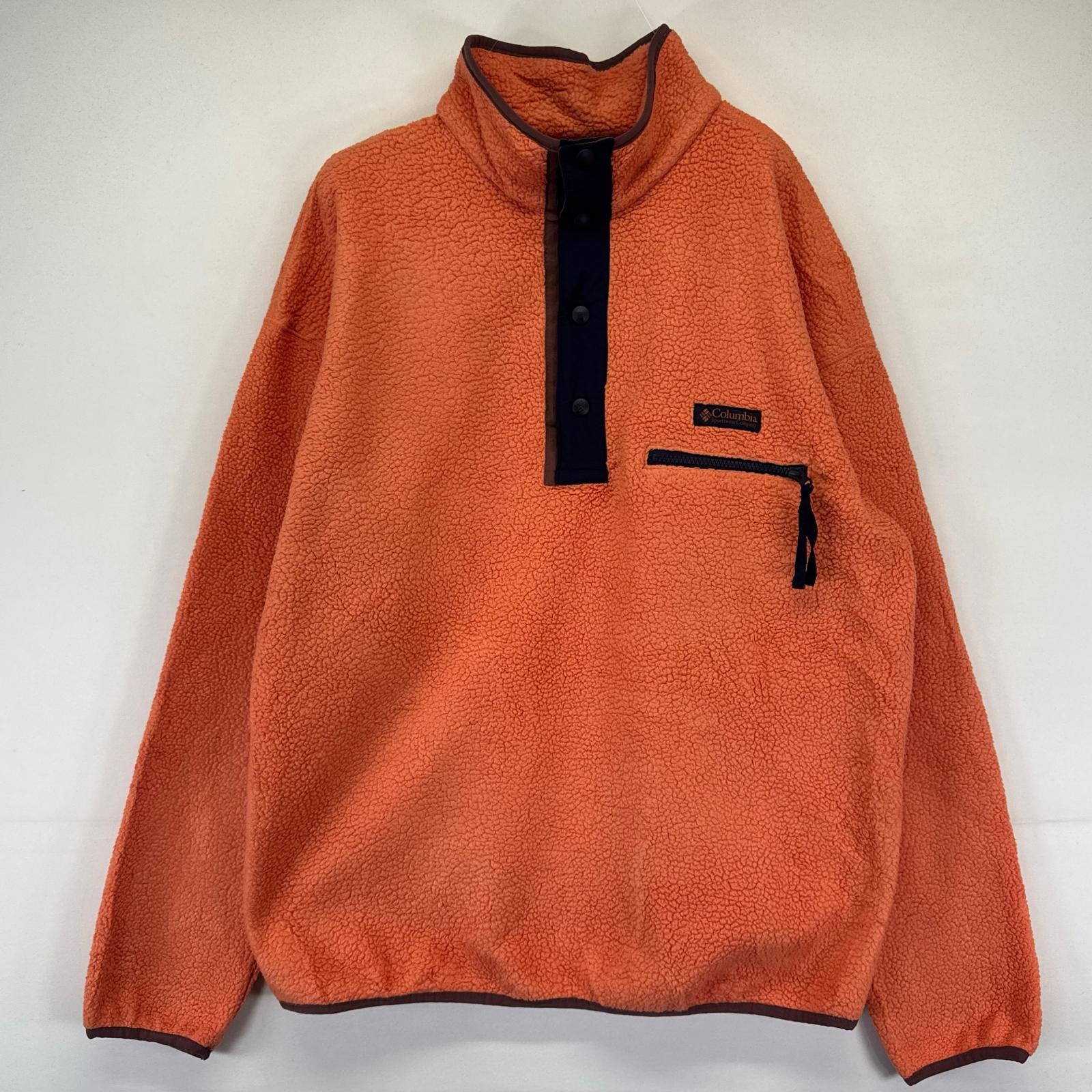古着 コロンビア Columbia フリース ニット ハーフスナップボタン ワンポイントロゴ プルオーバー アウトドア L  オレンジ系 メンズ