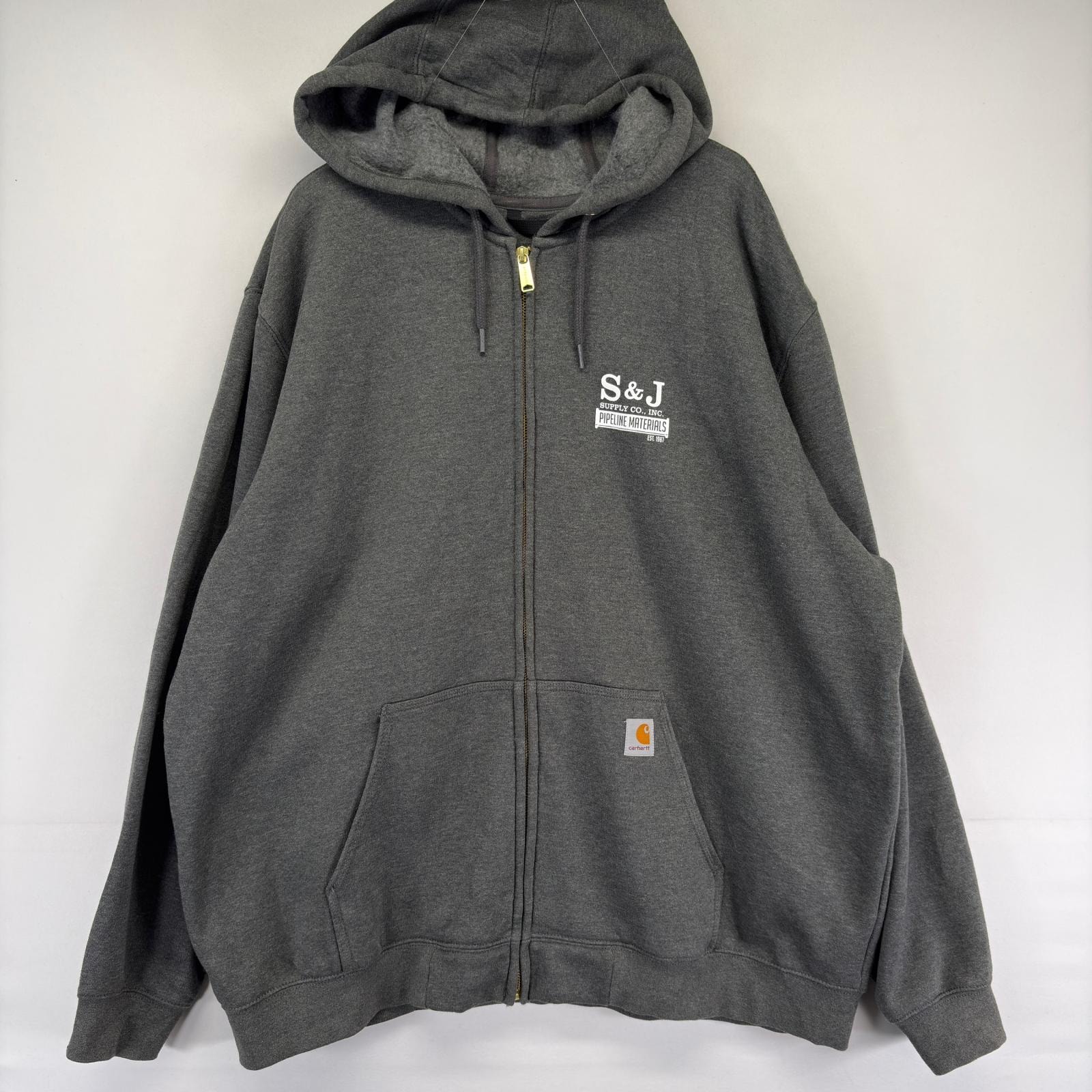 古着 カーハート Carhartt スウェット パーカー プリント 大きいサイズ フルジップ ワンポイントロゴ 2XL  グレー メンズ
