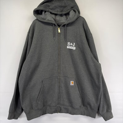 古着 カーハート Carhartt スウェット パーカー プリント 大きいサイズ フルジップ ワンポイントロゴ 2XL グレー メンズ