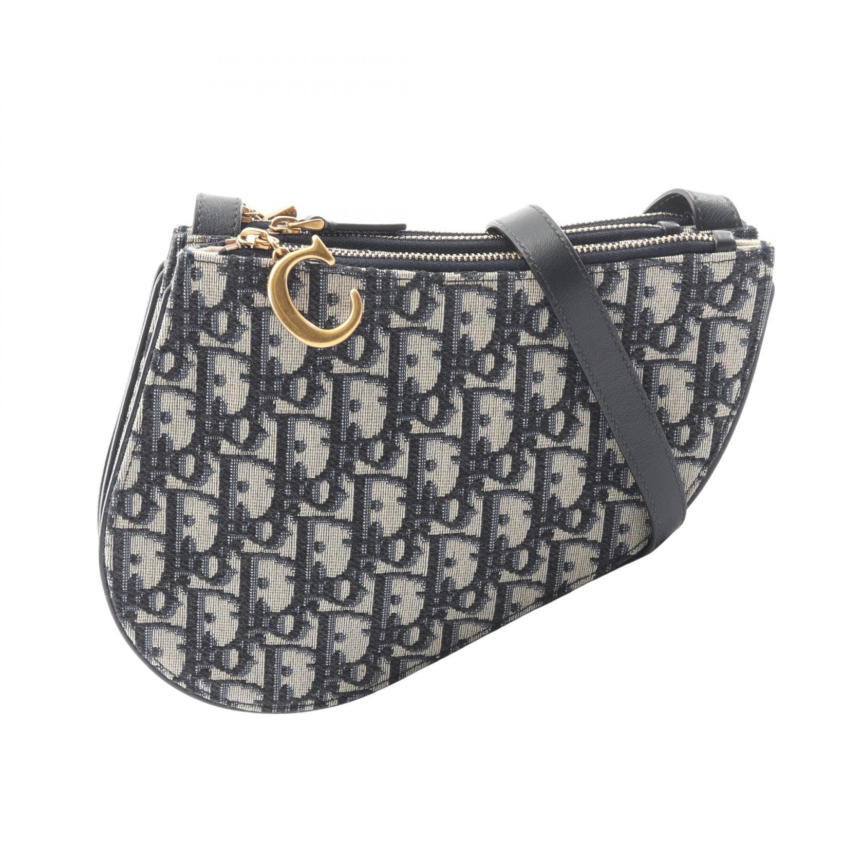 ディオール Dior サドルバッグ オブリーク ショルダーバッグ バッグ キャンバス レザー レディース ベージュ系 / ネイビー系 【中古】