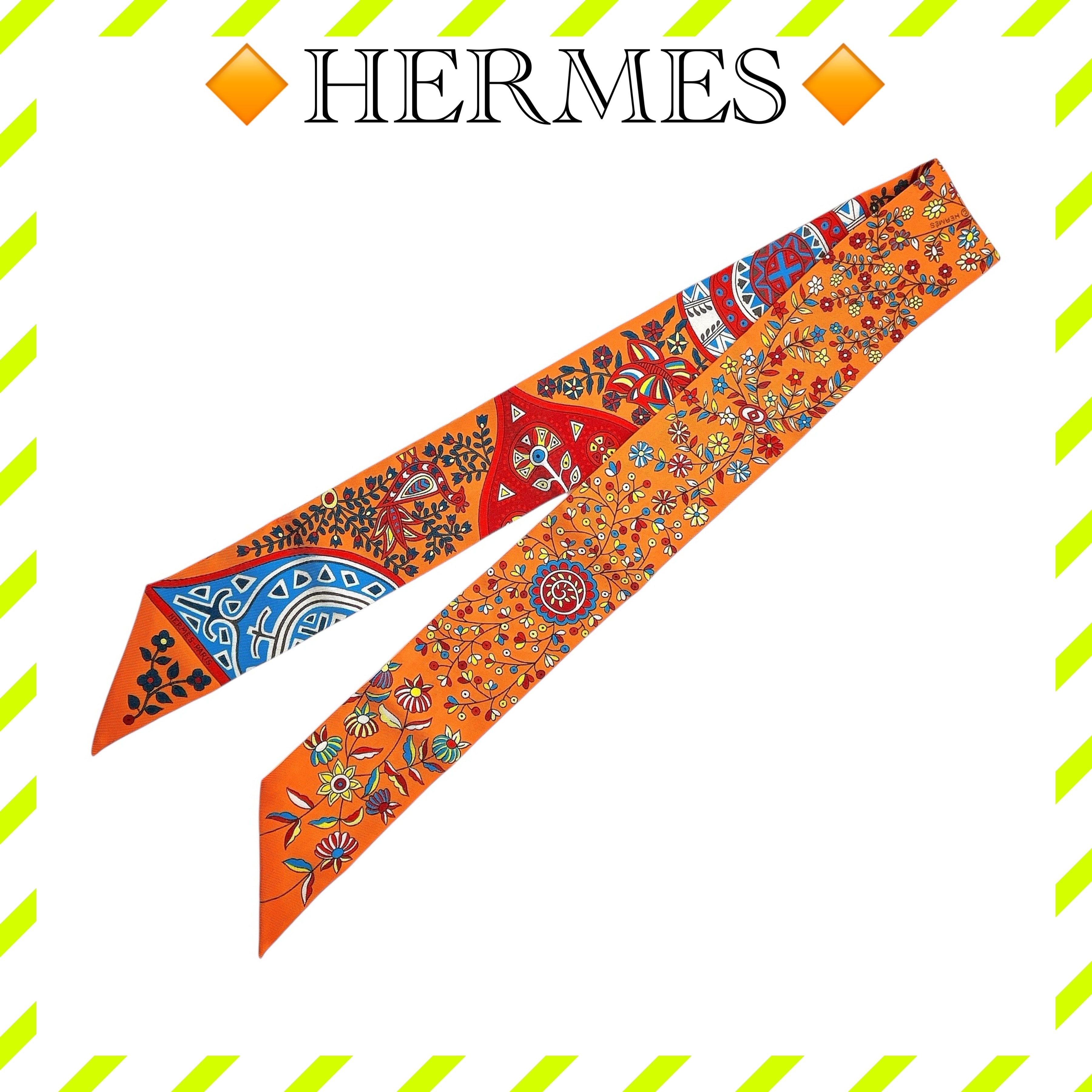 美品 エルメス ツイリー スカーフ シルク 生命の木 橙 オレンジ レディース