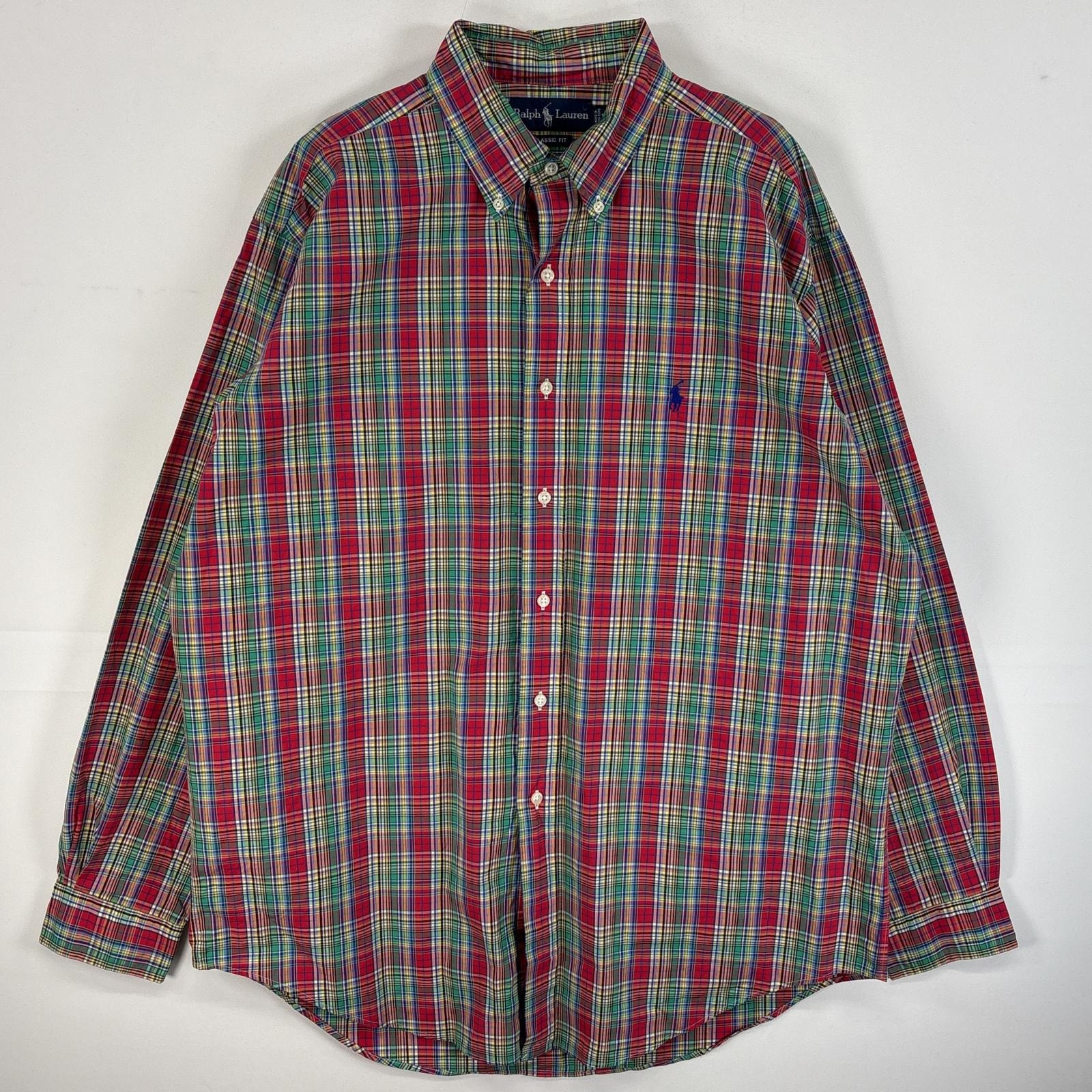 古着 90's/90年代 ラルフローレン RALPH LAUREN 長袖シャツ ロゴ 刺繍 ボタンダウンシャツ チェック 16 1/2 L  レッド系 マルチカラー メンズ