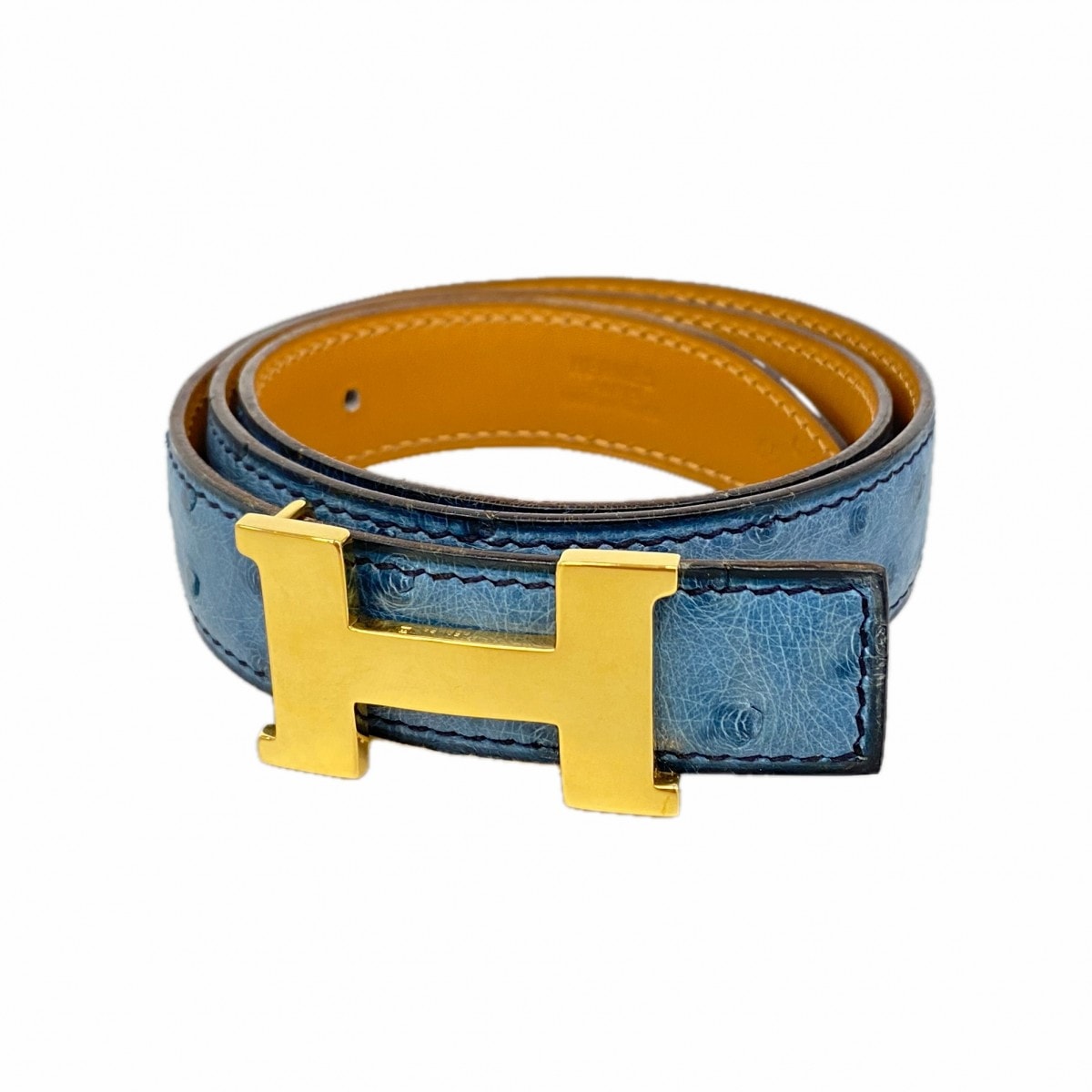 ★最終価格★SALE【6cd5572】エルメス ベルト コンスタンスベルト オーストリッチ バレニア ゴールド ブルーロイ ゴールド金具 □C刻印【中古】メンズ レディース ユニセックス
