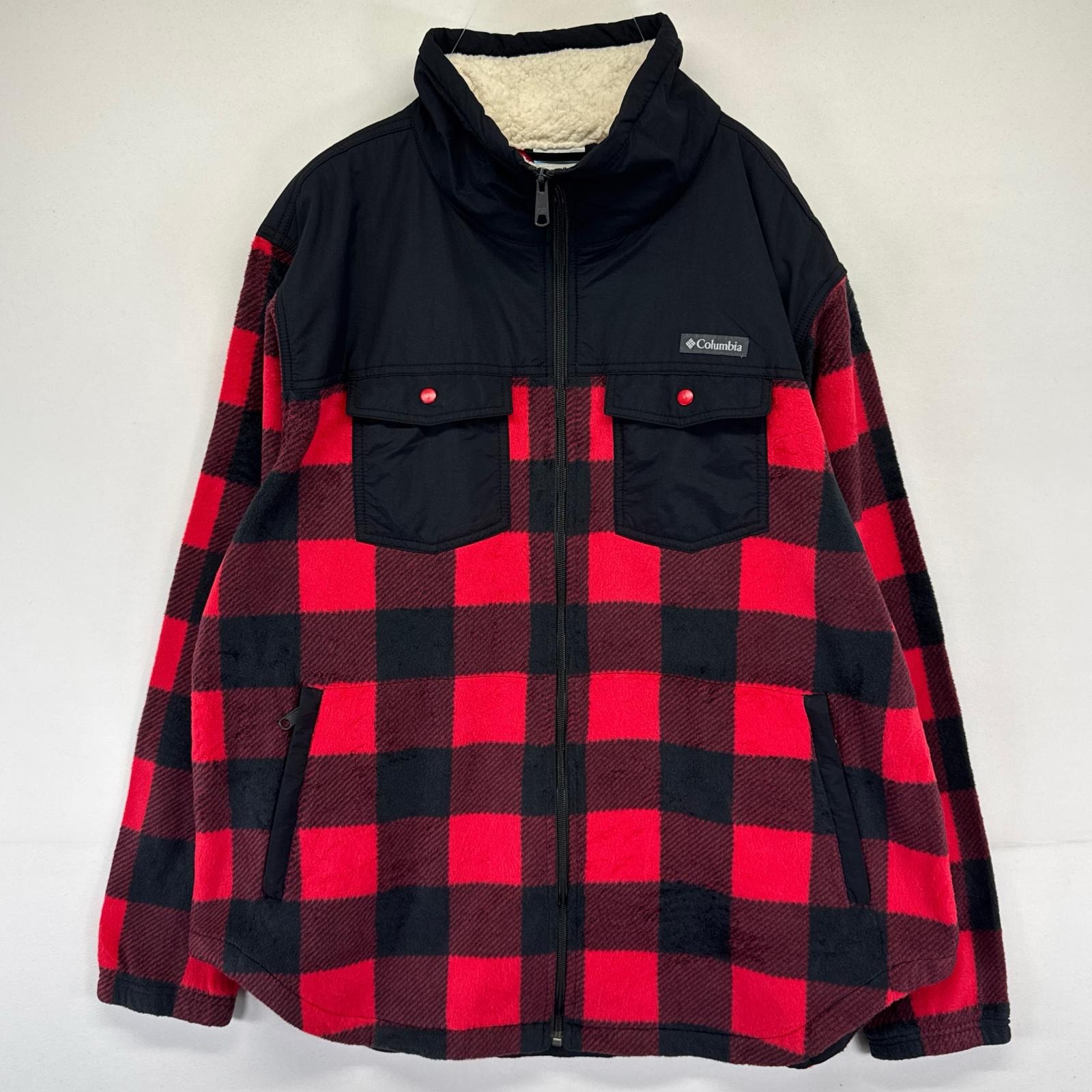 古着 コロンビア Columbia フリース ジャケット 胸ポケ アウトドア レッド フルジップ ワンポイント 2XL ブラック系 チェック メンズ