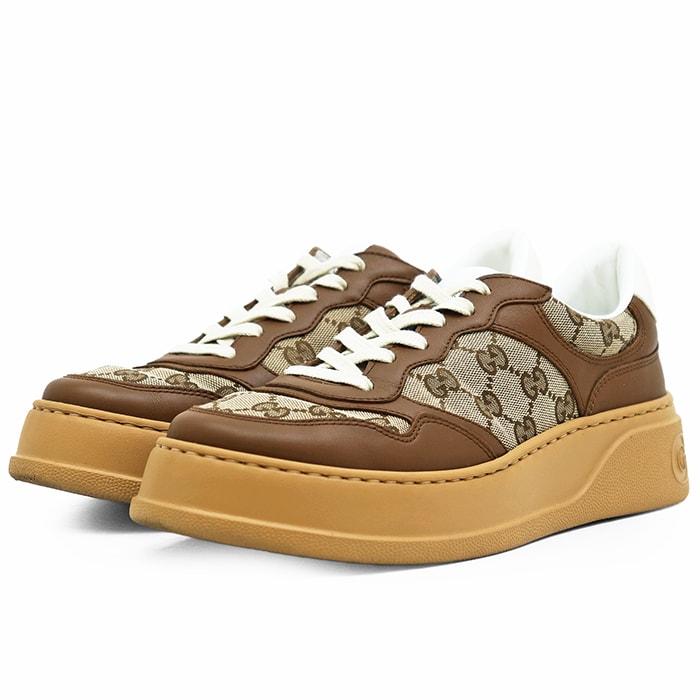 【極美品】GUCCI グッチ スニーカー キャンバスxレザー サイズ 6.5 レディース GGスプリーム ロゴ レースアップ ラバーソール シューズ 靴 キャメル ブラウン イタリア製 675840