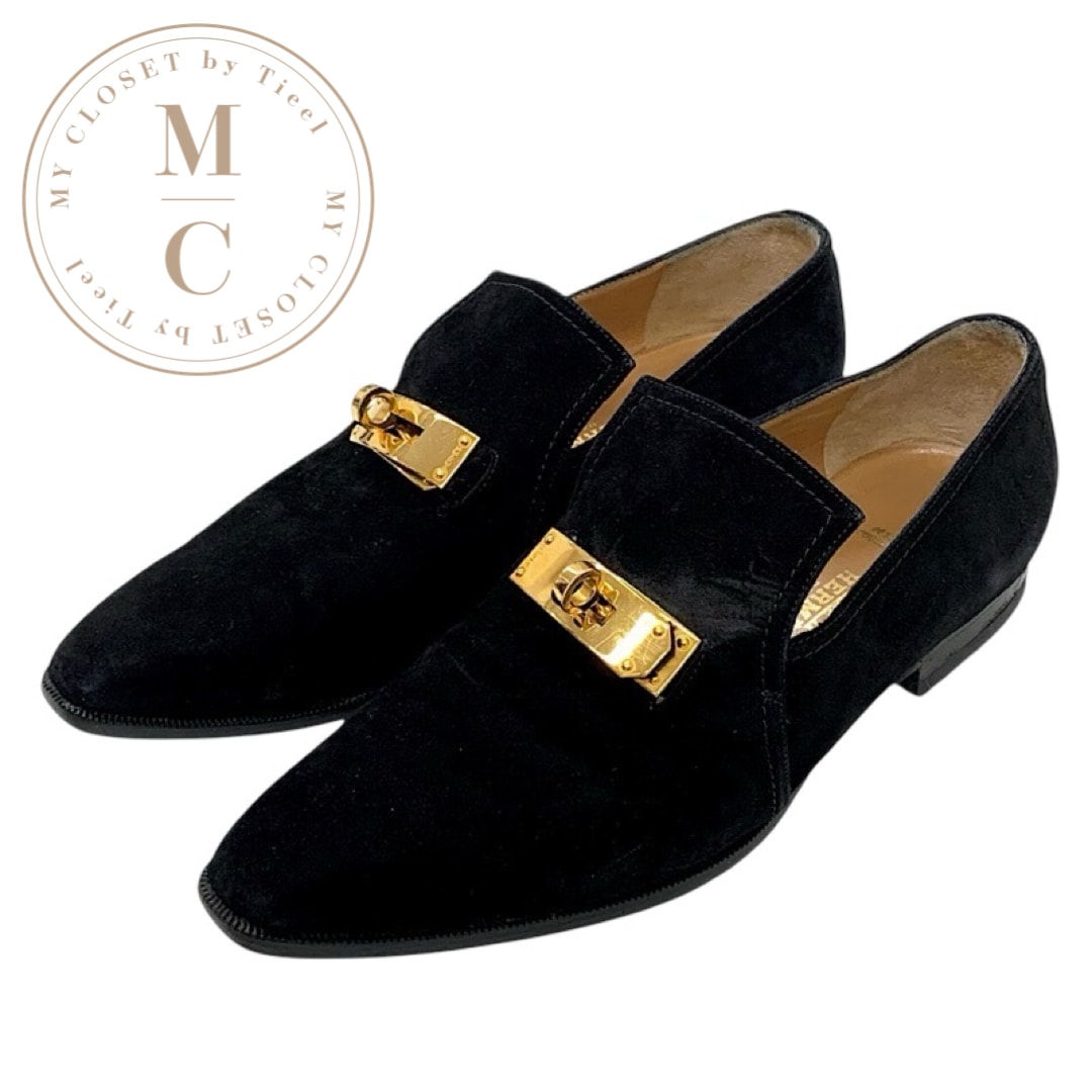 エルメス HERMES ローファー 革靴 靴 シューズ スエード ブラック 黒 ゴールド ケリー金具 フラットシューズ