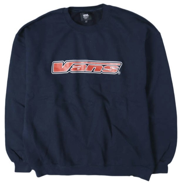 VANS x BEAMS バンズ ビームス 別注 90s Sticker Logo Sweat ロゴプリント 裏起毛 スウェット 121H1040106 L NAVY トレーナー プルオーバー トップス g13790