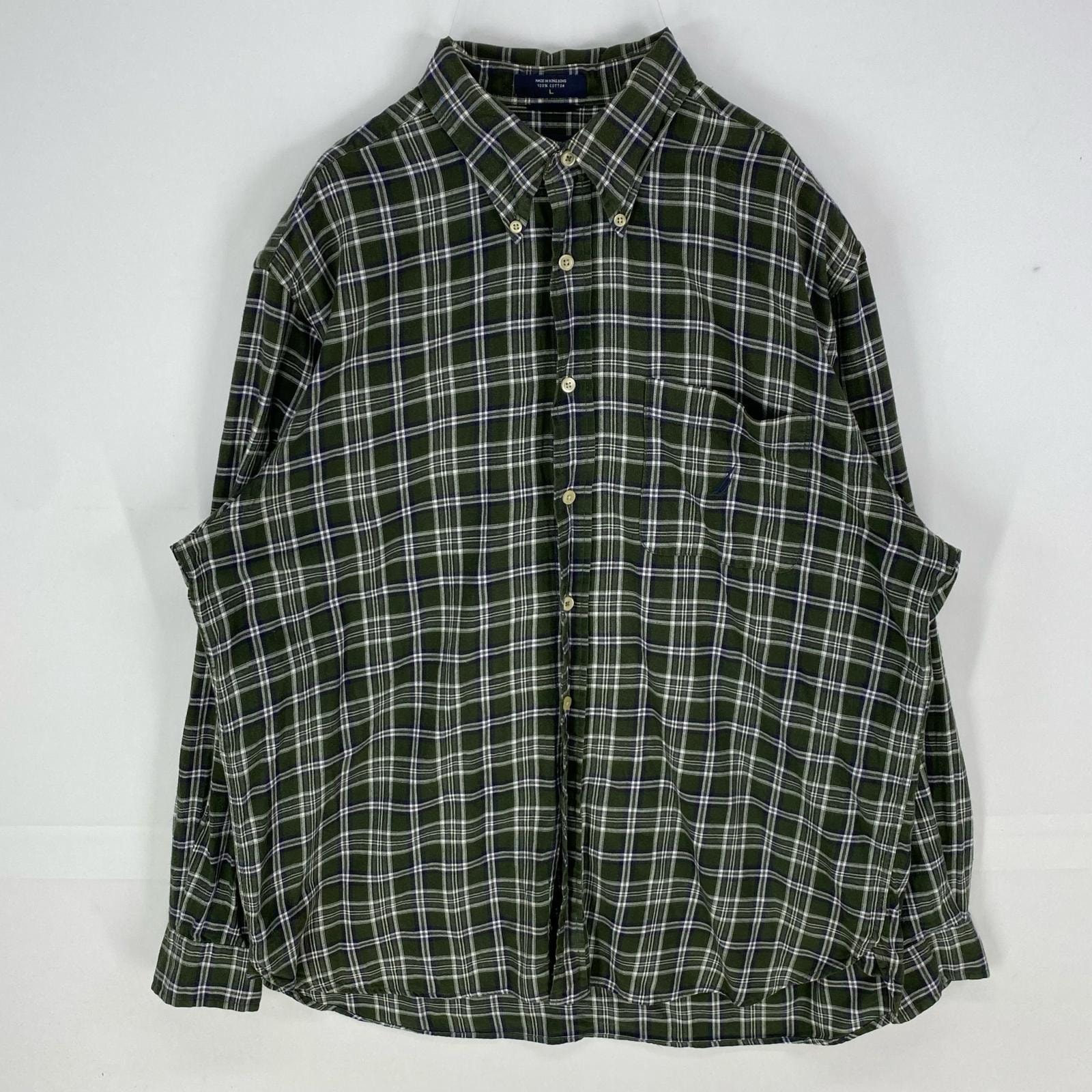 古着 ノーティカ NAUTICA 長袖シャツ ワンポイント ボタンダウン 胸ポケット ロングスリーブ L  グリーン系 チェック メンズ