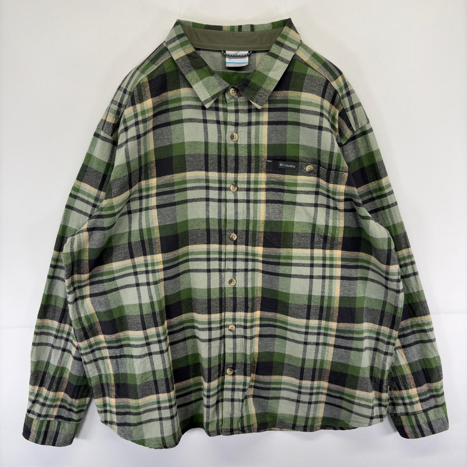 古着 コロンビア Columbia 長袖シャツ ワンポイントロゴ 大きいサイズ アウトドア ネルシャツ 2XL グリーン系 チェック メンズ