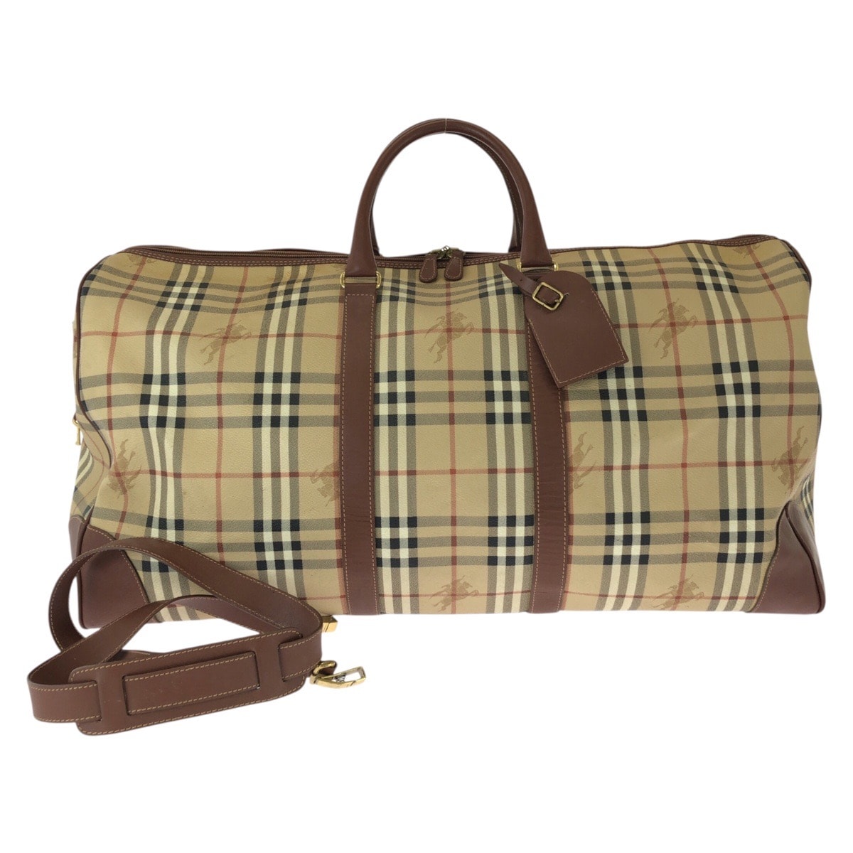 美品 BURBERRY バーバリー ヴィンテージ チェック柄 2way ベージュ ブラウン ゴールド金具 PVC レザー/ ボストンバッグ ハンドバッグ 604314 【中古】