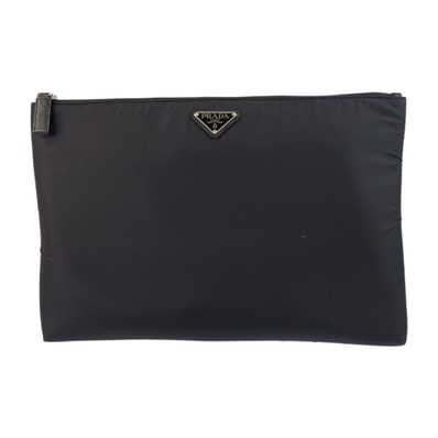 超美品 PRADA プラダ テスート 三角ロゴプレート ブラック 黒 シルバー金具 ナイロン クラッチバッグ セカンドバッグ 603623 【中古】