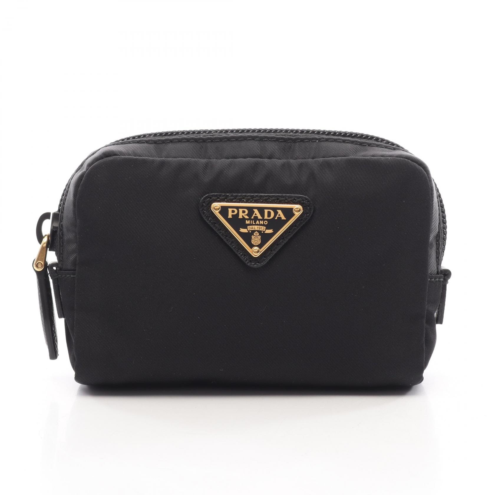 プラダ PRADA 三角プレート ポーチ バッグ ナイロン サフィアーノレザー レディース ブラック系 【中古】