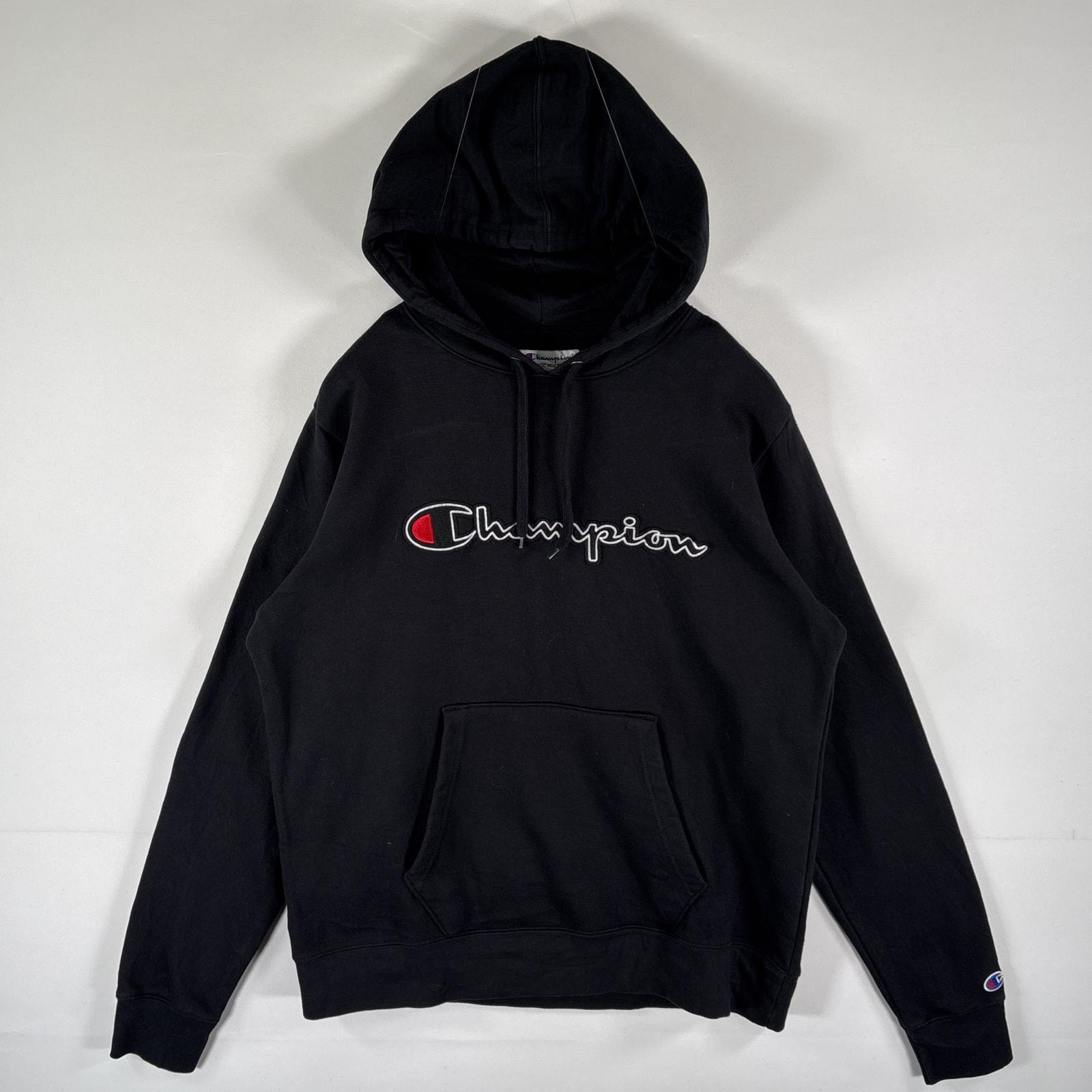 古着 チャンピオン Champion パーカー スウェット ビッグロゴワッペン ポケット プルオーバー フーディ L ブラック メンズ