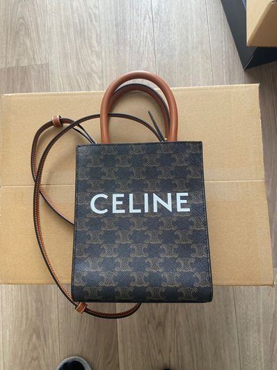 CELINE Mini Vertical Cabas In Triomphe Canvas and Calfskin With Celine Print "Tan"
