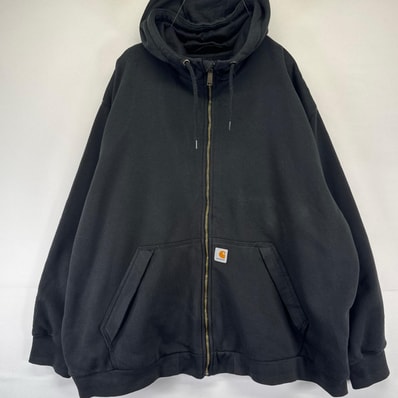 古着 カーハート Carhartt パーカー フルジップ 裏メッシュ ダブルフェイス ワンポイント ロゴ スウェット 3XL ブラック系 メンズ
