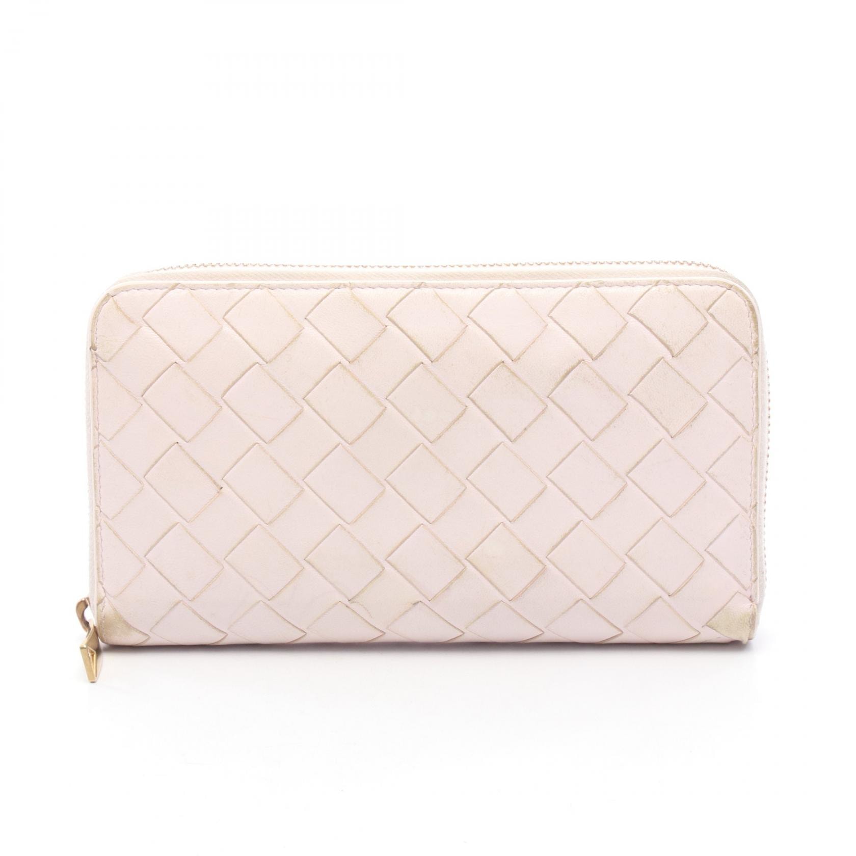 ボッテガヴェネタ BOTTEGA VENETA イントレチャート ラウンド長財布 財布 レザー レディース ピンク系 【中古】