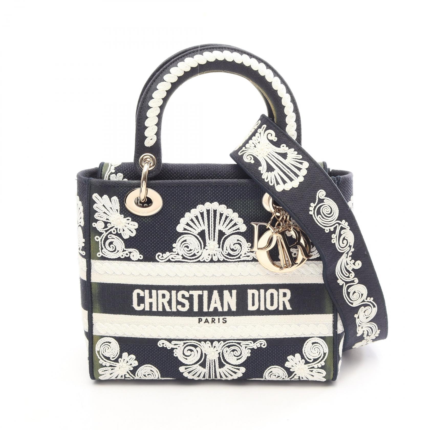 ディオール Dior LADY D-LITE コーネリー ミディアム 2WAY ハンドバッグ バッグ キャンバス レディース ネイビー系 / ホワイト系 【中古】