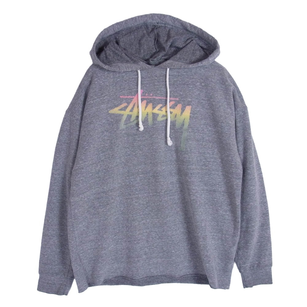 STUSSY ステューシー パーカー フロッキープリント ストックロゴ カットオフ加工 フーディー プルオーバー パーカー グレー系 S【中古】