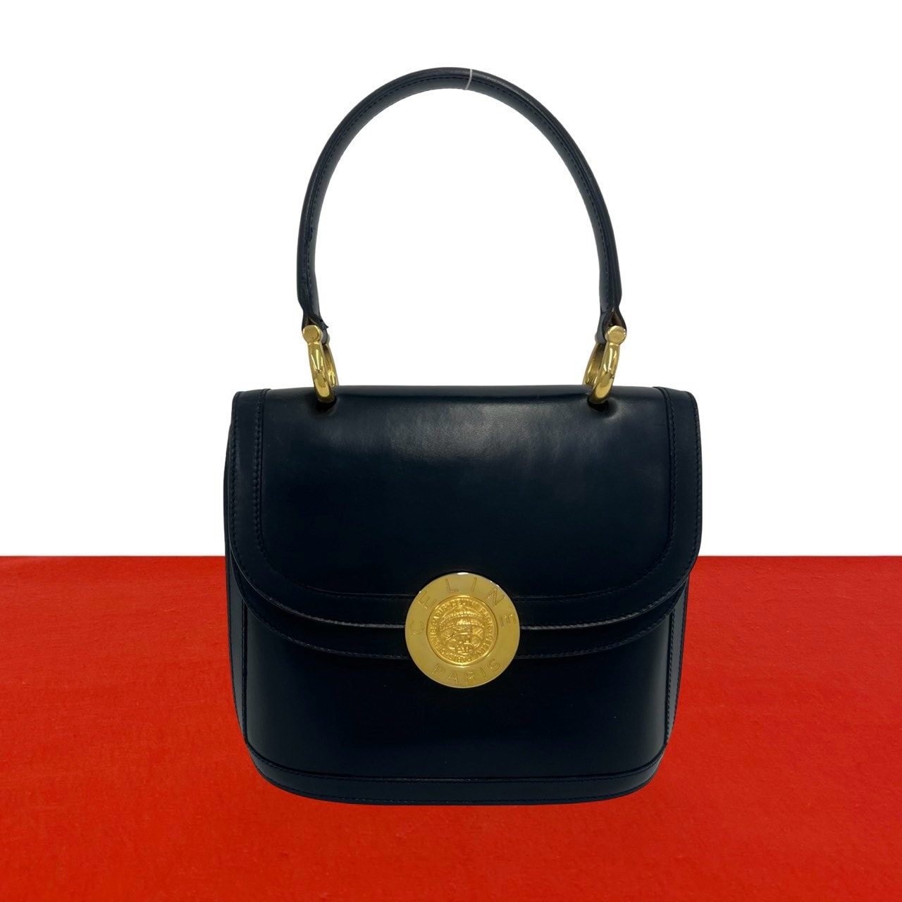 CELINE セリーヌ サークル 地球儀 ロゴ 金具 レザー ハンドバッグ ネイビー
 38942