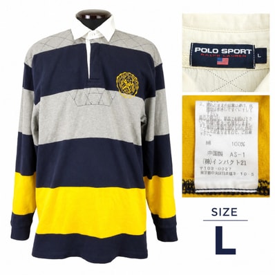 POLO SPORT RALPH LAUREN/ラルフローレン★ラガーシャツ/長袖ポロシャツ【メンズL/グレー×ブラック×イエロー/クレスト刺繍 太ボーダー柄】90s/Vintage/Tops/Shirt◆BJ194-e
