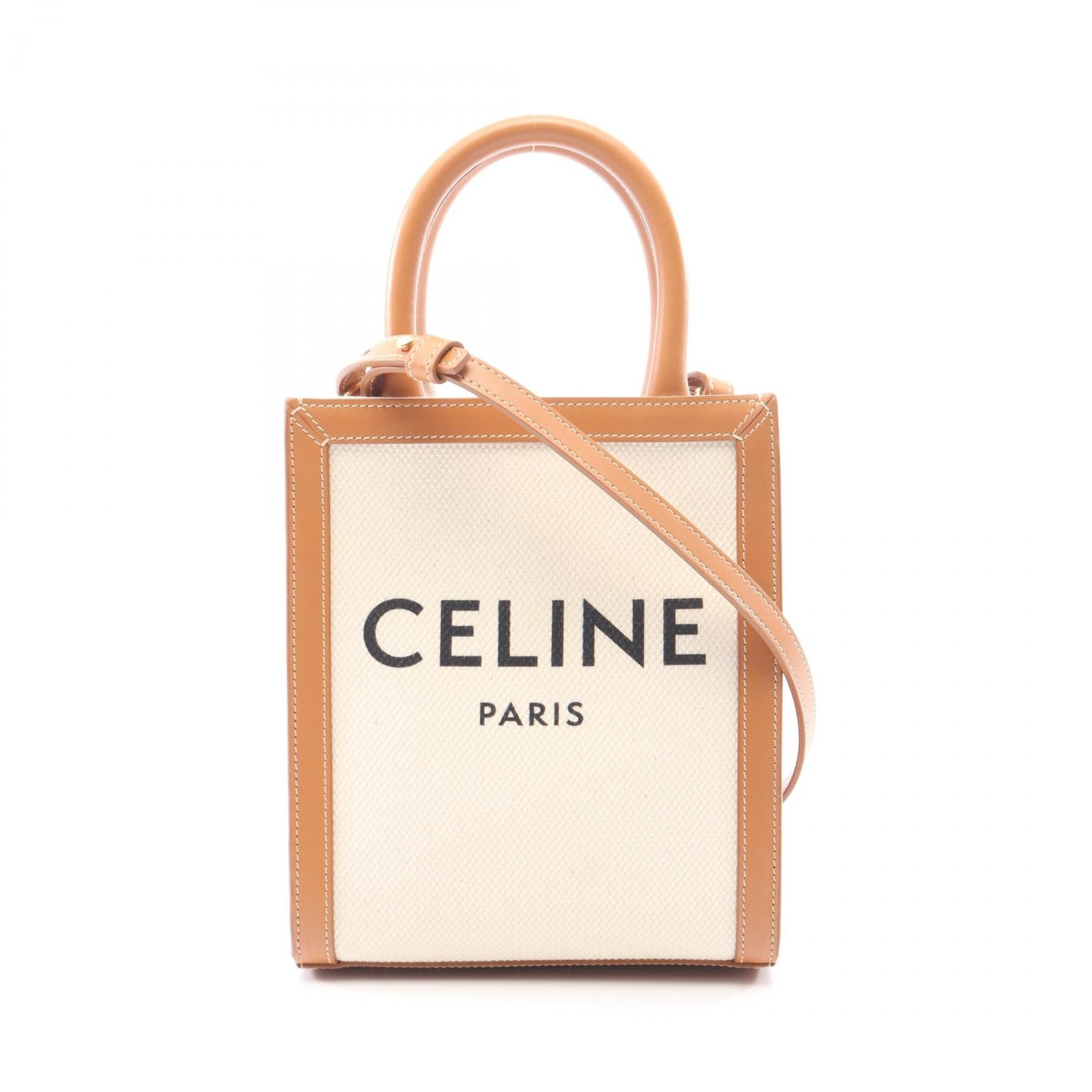セリーヌ CELINE ミニ バーティカルカバ 2WAY ハンドバッグ バッグ キャンバス レザー レディース アイボリー系 / ブラウン系 【中古】