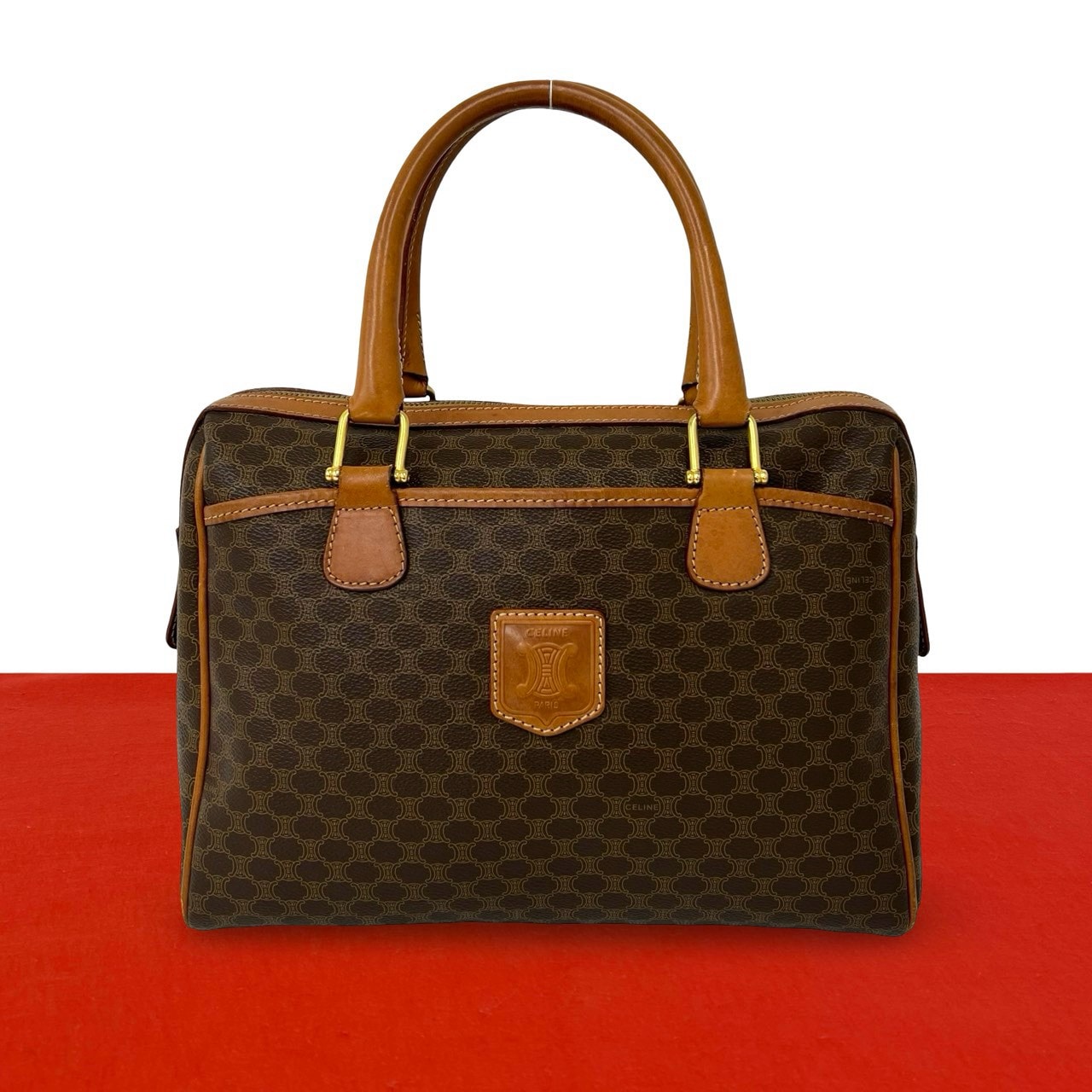 CELINE セリーヌ マカダム ブラゾン 柄 PVC レザー ハンドバッグ ブラウン
37928