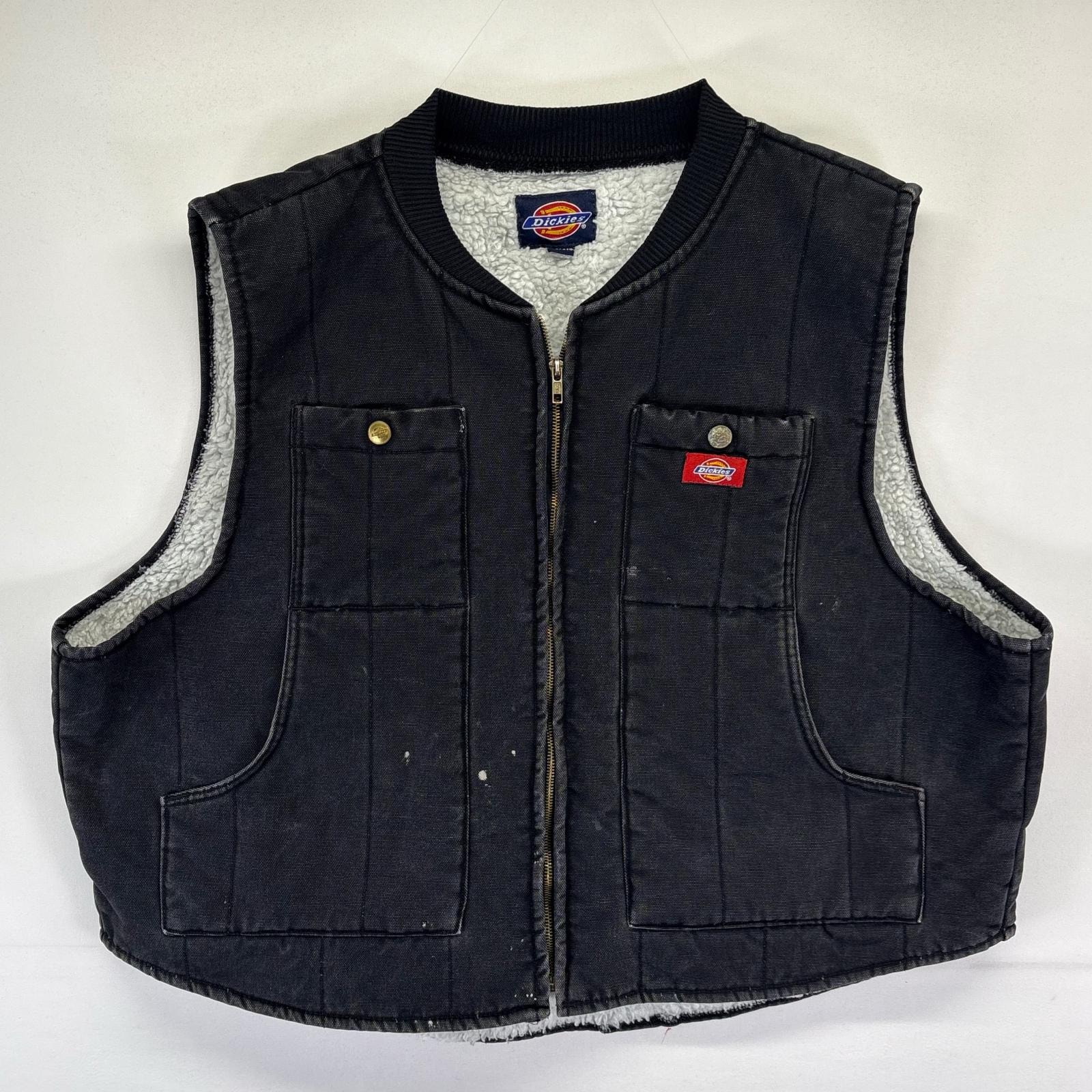 古着 ディッキーズ Dickies ダック ベスト ワンポイントロゴ フルジップ 大きいサイズ ボアライナー 2XL  ブラック系 メンズ